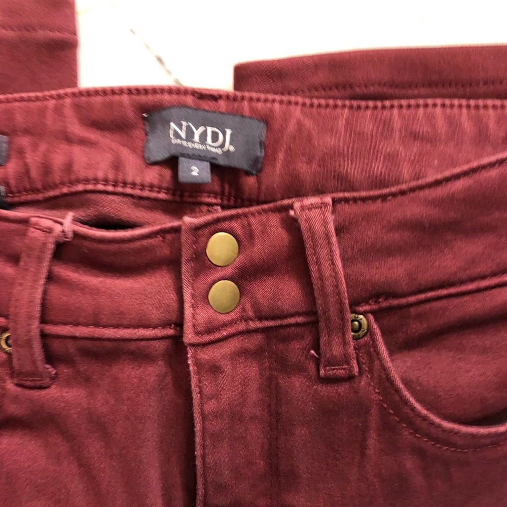 NYDJ size 2 hemmed to 31” inseam, slightly worn, cotton and spandex.